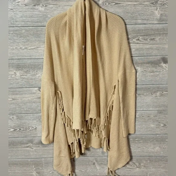 Cream/Tan color Long Duster with Fringe, Open front Cardigan, Size Small - Picture 5 of 7